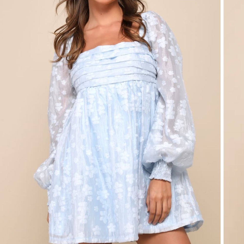NWT Lulus Radiantly Cute Light Blue Burnout Floral Pleated Mini Dress